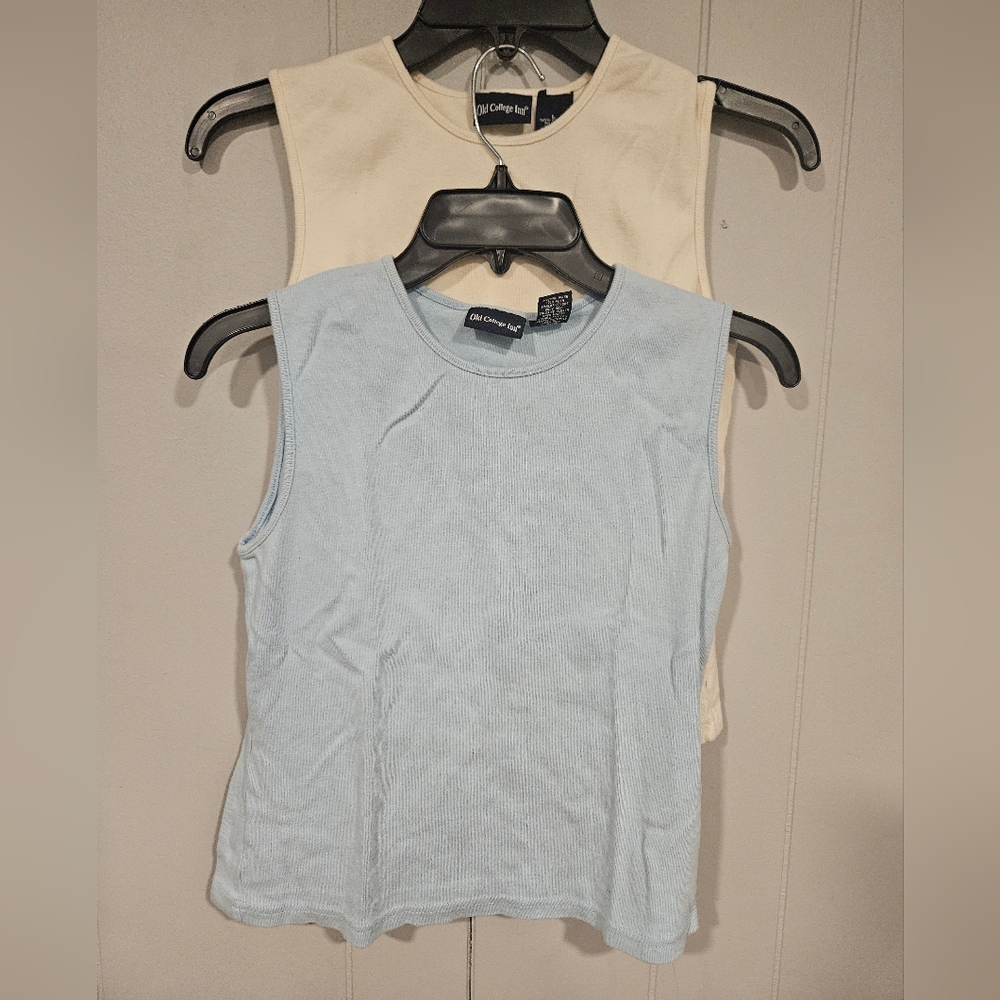 Lot Of 2 Old College Inn Tank Tops Juniors Large Cotton Blue White Layering Knit